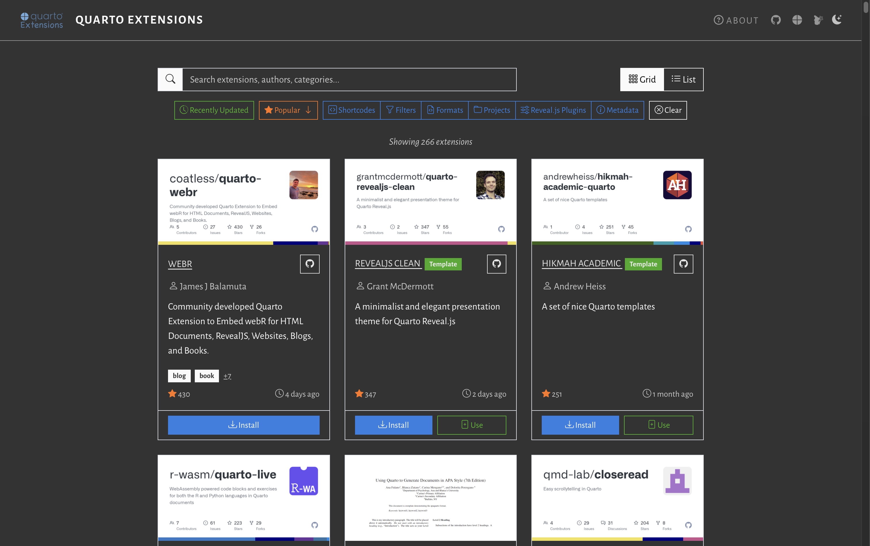 Mickaël CANOUIL's Quarto Extensions directory Quarto Extensions website displaying grid of extension cards including webr, Reveal.js Clean theme, and Hikmah Academic templates.